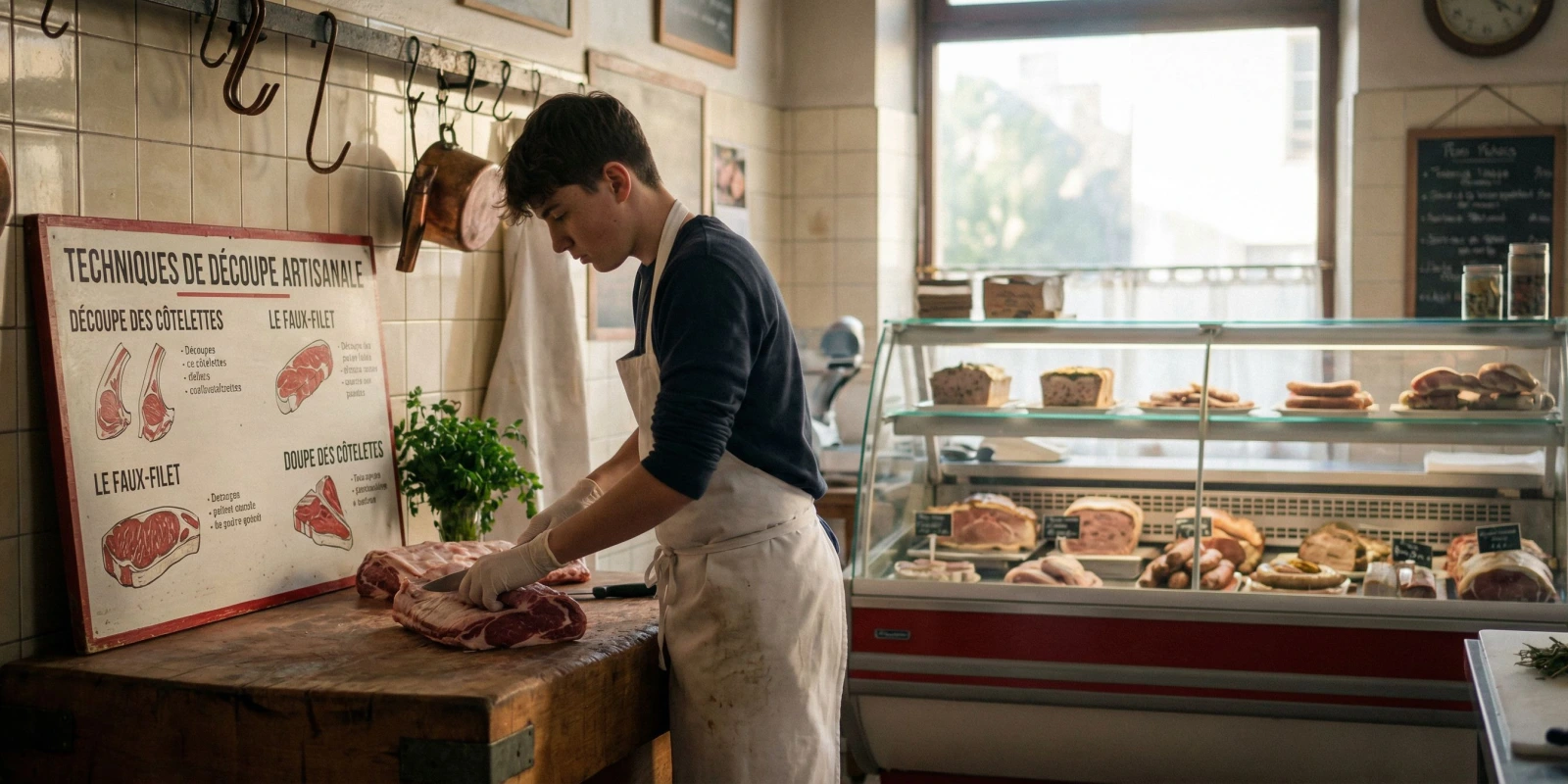 Salaire Apprenti BP Boucher : Grille Complète, Montants par Âge et Conseils pour Négocier Apprenti boucher en tablier blanc travaillant la viande en boucherie artisanale